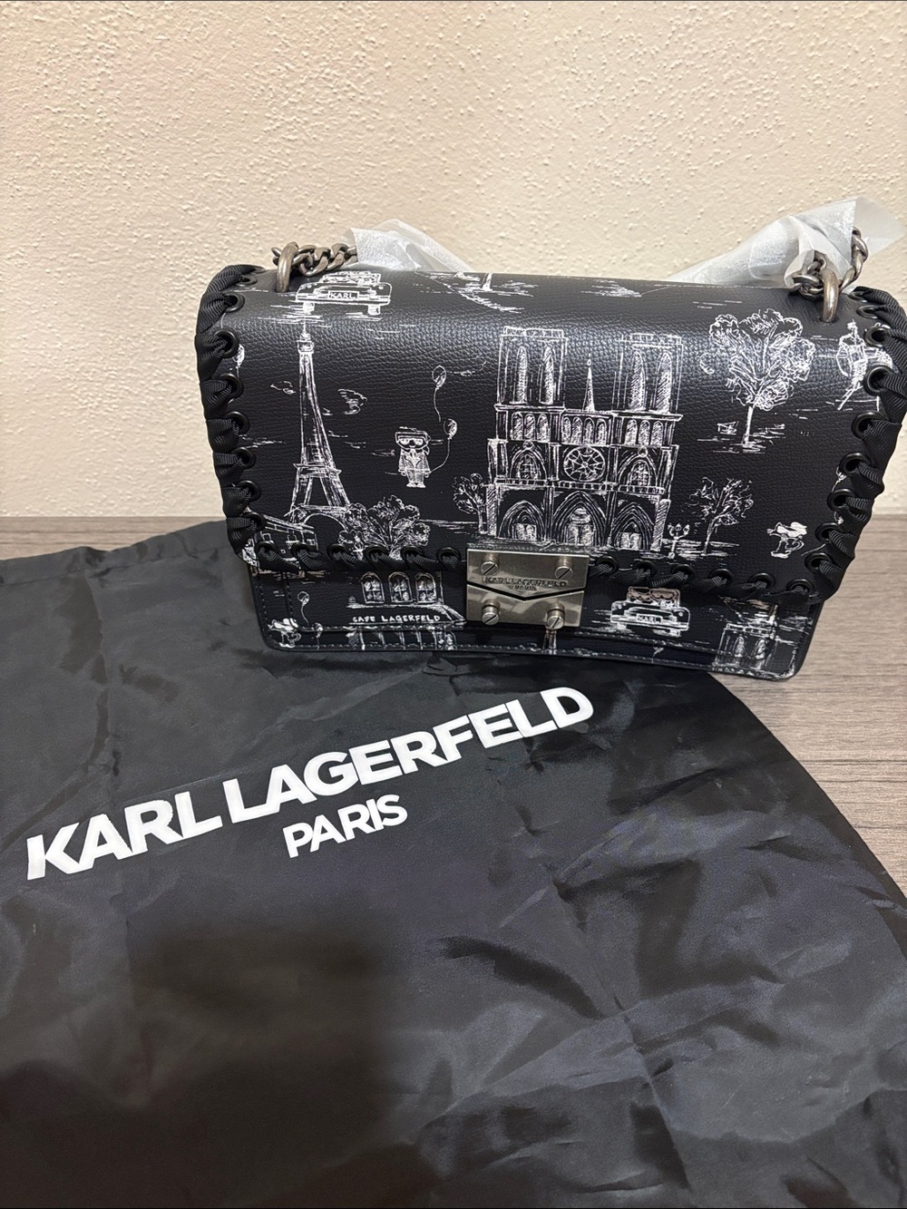 Karl Lagerfeld Black & White Paris Sketch Crossbody Shoulder Bag
